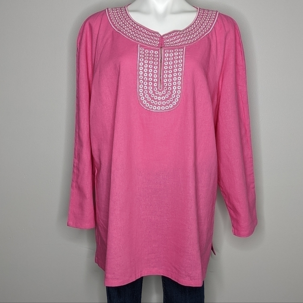 Saint Tropez West pink white linen blend tunic top 2X